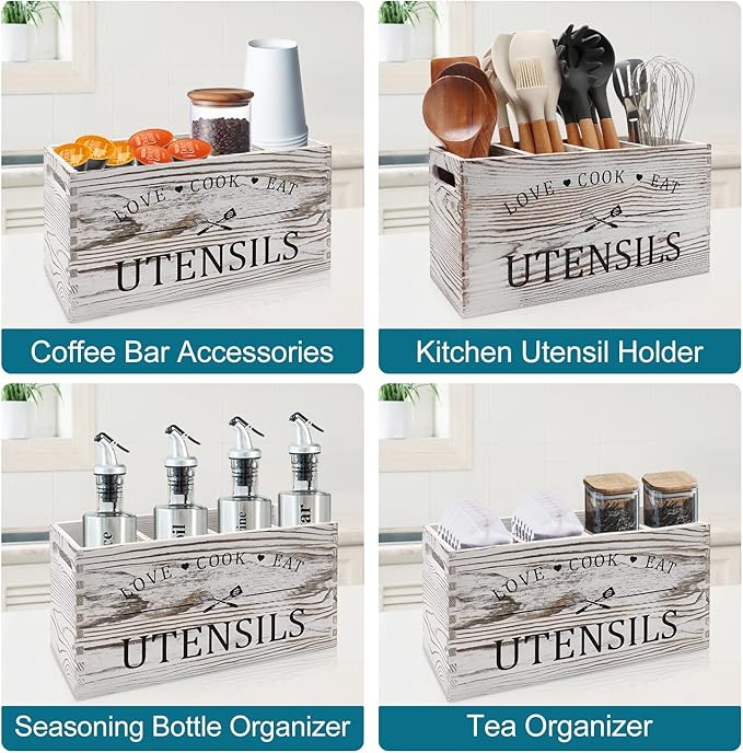 Rustic White Wooden Utensil Holder for Kitchen Counter Decor Extra Large Utensil Crock Organizer Silverware Caddy Farmhouse Wood Cutlery Holder Cooking Utensil Stand Storage kitchen Tools Holder - Image 5