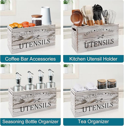 Rustic White Wooden Utensil Holder for Kitchen Counter Decor Extra Large Utensil Crock Organizer Silverware Caddy Farmhouse Wood Cutlery Holder Cooking Utensil Stand Storage kitchen Tools Holder - Image 5