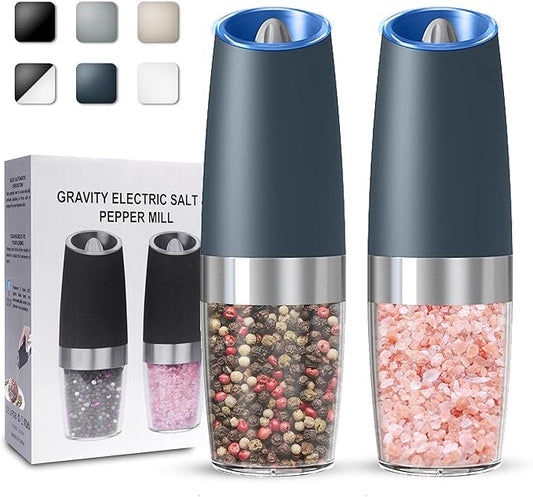 UNNEES Gravity Electric Salt and Pepper Grinder set of 2, Automatic Salt And Pepper Grinder Set, Adjustable Roughness, Battery Powered, LED Light, 2 Pack, (Grey) by UNNEES
