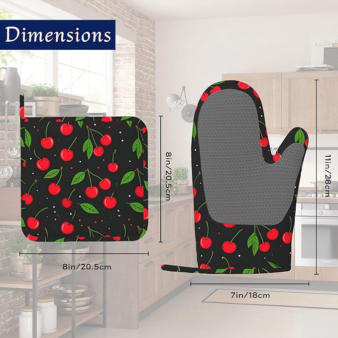 Oven Mitts and Pot Holders Sets Red Black Cherry Silicone Kitchen Mits Potholders Tropical Fruit Cherries Heat Resistant 4Pcs Oven Gloves Hot Pads for Baking Cooking BBQ Grilling Home Decor