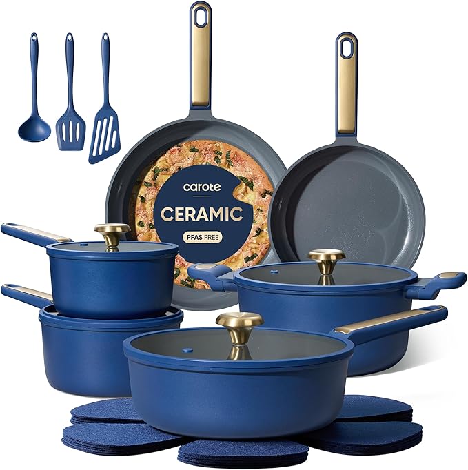 CAROTE Ceramic Cookwar Set, Pots and Pan Set Non Stick 18 Piece, Cookware Set Kitchen Cooking Set Non Toxic, PFAS PTFE Free, Blue by CAROTE