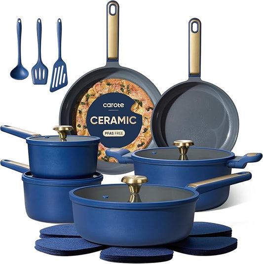 CAROTE Ceramic Cookwar Set, Pots and Pan Set Non Stick 18 Piece, Cookware Set Kitchen Cooking Set Non Toxic, PFAS PTFE Free, Blue by CAROTE
