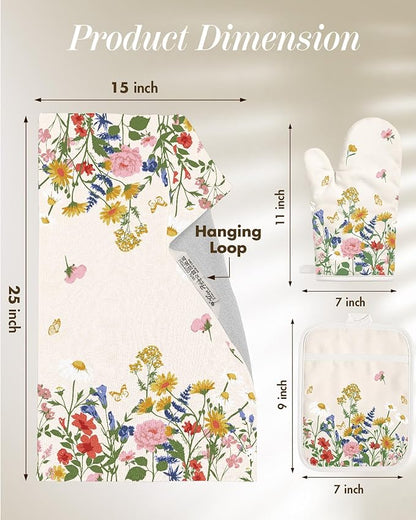 Miss Adola 270 GSM Cotton Kitchen Towels, Oven Mitt and Pot Holder - 4 Pack Kitchen Decor and Accessories Set Spring Cute Farmhouse Quilted Lining Heat Resistant Set with Hanging Loop, Retro Flower - Image 5