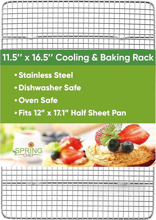 Spring Chef 11.5" x 16.5" Stainless Steel Cookie Cooling Rack - Oven Safe - Baking Rack for Bacon, BBQ, Jerky, Bread, Pizza, Cake - Fits Half Sheet Roasting Pan - Dishwasher Safe by SpringChef