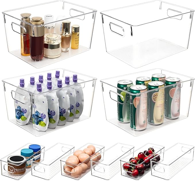 Tiawudi Set of 10 Clear Plastic Storage Bins, 4 Large and 6 Small Stackable Storage Containers for Pantry Organization, Organizer Bins for Home, Kitchen, Bathroom, Office, Cabinet Shelf Organizers by Tiawudi
