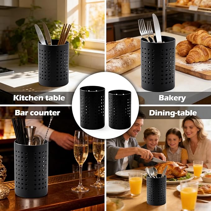 2PCS Black Stainless Steel Utensil Holder and Utensil Drying Holder, as a Kitchen Countertop Organizer and Silverware Drainer for Daily Home Use - Image 4