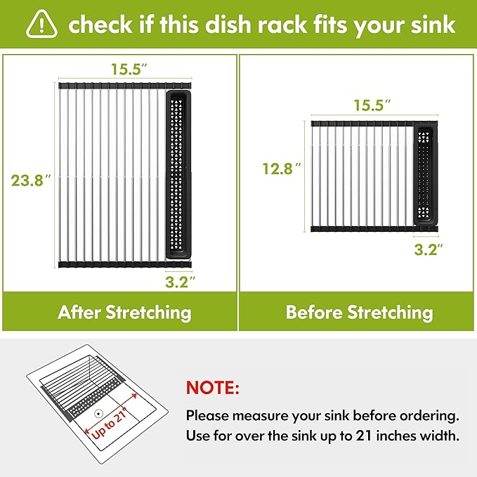 JASIWAY Dish Drying Rack, Roll Up Dryer Rack for Inside Sink, Expandable (12.8"-23.8" D x 15.5" W) 304 Stainless Steel Dish Drainers for Kitchen Counter, Over Sink Cover with Utensil Holder - Image 2
