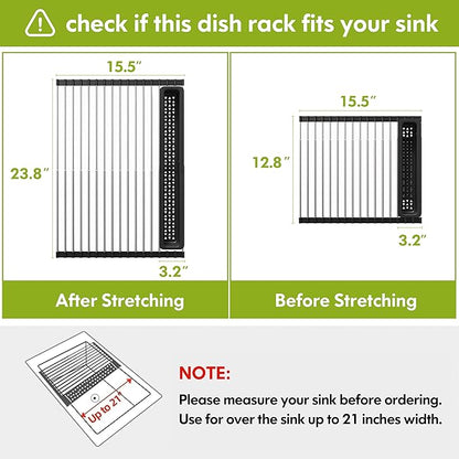 JASIWAY Dish Drying Rack, Roll Up Dryer Rack for Inside Sink, Expandable (12.8"-23.8" D x 15.5" W) 304 Stainless Steel Dish Drainers for Kitchen Counter, Over Sink Cover with Utensil Holder - Image 2