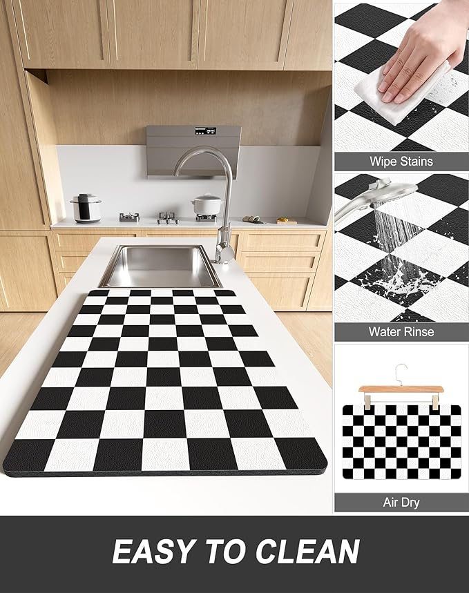 Rnivvi Dish Drying Mat for Kitchen Counter, 12 x 19" Cute Checkered Absorbent Draining Pad, Non-Slip Heat Resistant Coffee Bar Mats for Coffee Machine Station Accessories, Black White Dish Rack Pad - Image 6