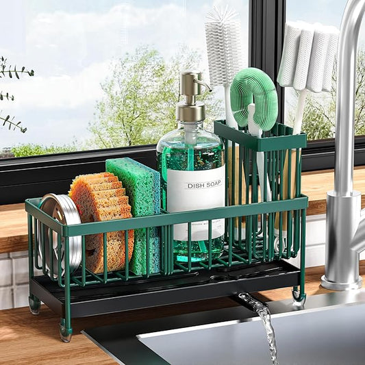 Cisily Sponge Holder for Kitchen Sink, Sink Caddy Organizer with High Brush Holder, Kitchen Countertop Organizers and Storage Essentials, Rustproof 304 Stainless Steel (Dark Green, 9.25″) by CISILYHOMELIFE