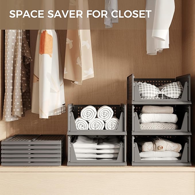 Pinkpum 6 Pack Black Closet Organizers and Storage Plastic Stackable Storage Bins, Morden Foldable Drawer Shelf Storage Container for Wardrobe Kitchen Bathroom Dorm - Image 4