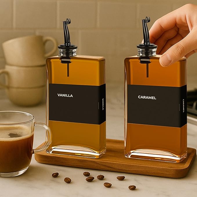 Spaceneat Olive Oil Dispenser Bottle - Includes 44 Kitchen Essential Labels - Cooking Oil Bottles for Kitchen, Coffee Syrup Dispenser - Pourer Spout with 11.8 fl oz Glass Container Cruet - 2pcs, Black - Image 6