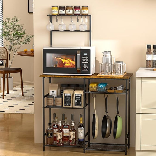 3IngSeagulls Baker's Rack for Kitchen with Storage, Microwave Stand with Adjustable Shelves and 10 S Hooks, 6-Tier Coffee Bar Station, Kitchen Shelves for Spices, Pots, Rustic Brown