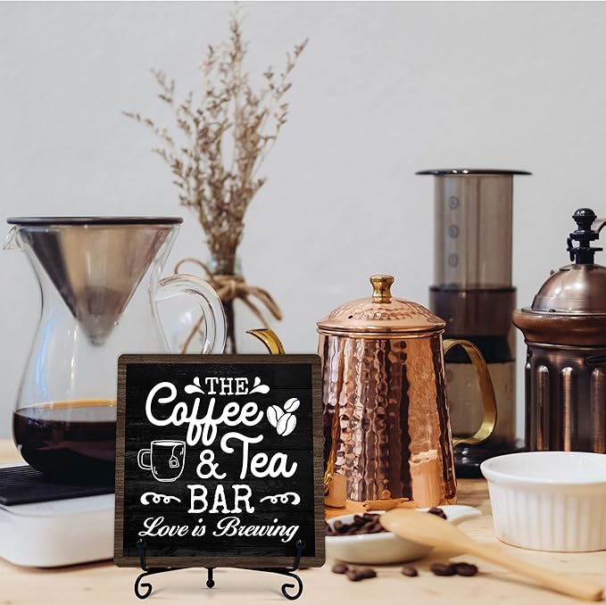 Coffee Bar Sign, Love is Brewing Farmhouse Tabletop Decor, Coffee and Tea Lover Gifts, 5x5 Wood Plaque with Iron Stand for Home Kitchen Cafe, Coffee Bar Decor – L05 - Image 7