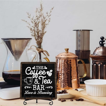 Coffee Bar Sign, Love is Brewing Farmhouse Tabletop Decor, Coffee and Tea Lover Gifts, 5x5 Wood Plaque with Iron Stand for Home Kitchen Cafe, Coffee Bar Decor – L05 - Image 7