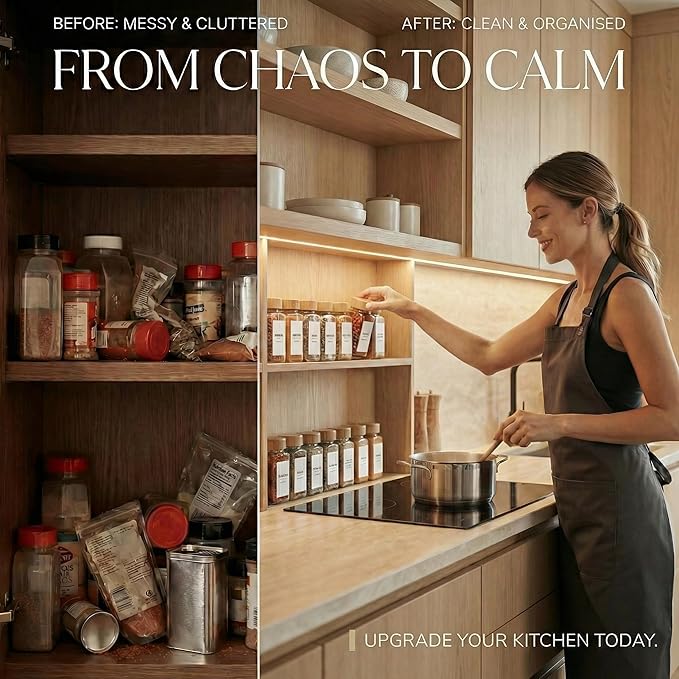 Glass Spice Jars with 360 Labels -24 pcs- 4oz- Spice Containers with Bamboo Lids -Shaker Lids- Pepper Grinder-Spice Organization for Cabinet-Drawer-Rack-Seasoning Organizer-Square bottles - Image 5