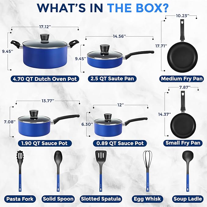 SereneLife 15-Pc Blue Nonstick Cookware Set, Heat-Resistant Pots & Pans Set with Lids, Dishwasher Safe, Includes Matching Utensils - Image 3