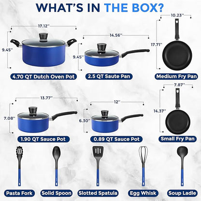 SereneLife 15-Pc Blue Nonstick Cookware Set, Heat-Resistant Pots & Pans Set with Lids, Dishwasher Safe, Includes Matching Utensils - Image 3