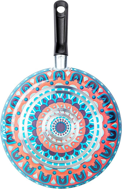 Ekco 3-Piece Frying Pan Set (7.1, 7.9 & 9.4 IN) For all Stovetops, Dishwasher Safe - Lightweight Aluminum Skillets, Non-Stick & Riveted Bakelite Handle (Hippie Chick Red & Blue) PFOA & PTFE Free