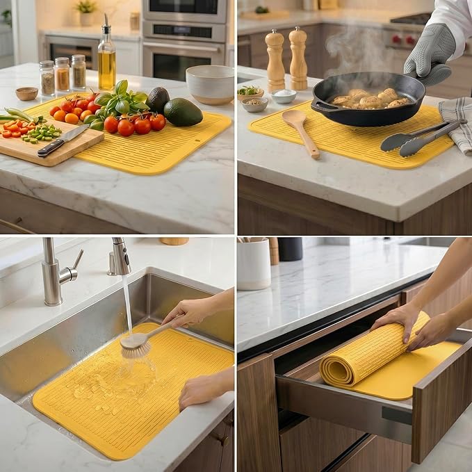 MicoYang Silicone Dish Drying Mat for Multiple Usage,Easy clean,Eco-friendly,Heat-resistant Silicone Mat for Kitchen Counter or Sink,Refrigerator or Drawer Liner Yellow 2XL 24 inches x 18 inches - Image 3