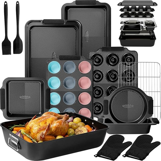 Kikcoin 25 PCS Stackable Baking Pans Set, Non-stick Bakeware Sets with Silicone Handles, 450°F Oven Safe Cookie Sheets for Baking, Easy Release Heavy-duty Baking Sheets Non Stick, Black by Kikcoin