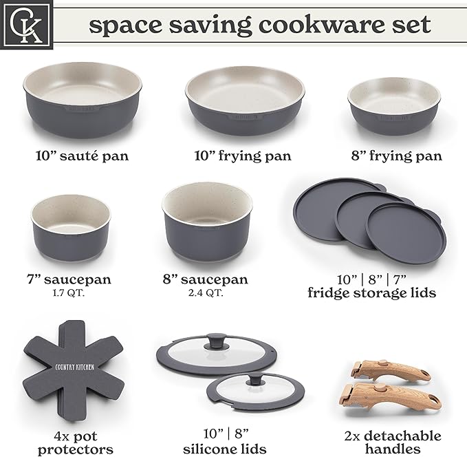 Country Kitchen Cookware Set with Removable Handle, Oven & RV Safe Pots and Pans Set, Grey/Ivory Wood Handle, Original - Image 3