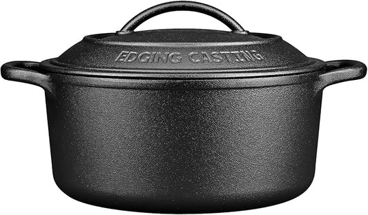 EDGING CASTING Pre-Seasoned Cast Iron Dutch Oven Pot with Lid Dual Handle, Sourdough Bread Baking Pots, Bread Oven, Camping, Grill, Induction, Electric, Round 7 Quart, Black