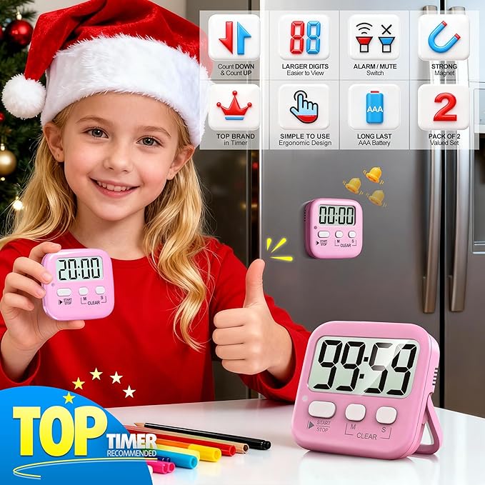 Antonki 2 Pack Digital Timer for Kids, Magnetic Countdown Kitchen Timers for Cooking, Egg, Classroom, Teacher, Exercise, Study, Oven - Battery Included - Image 3