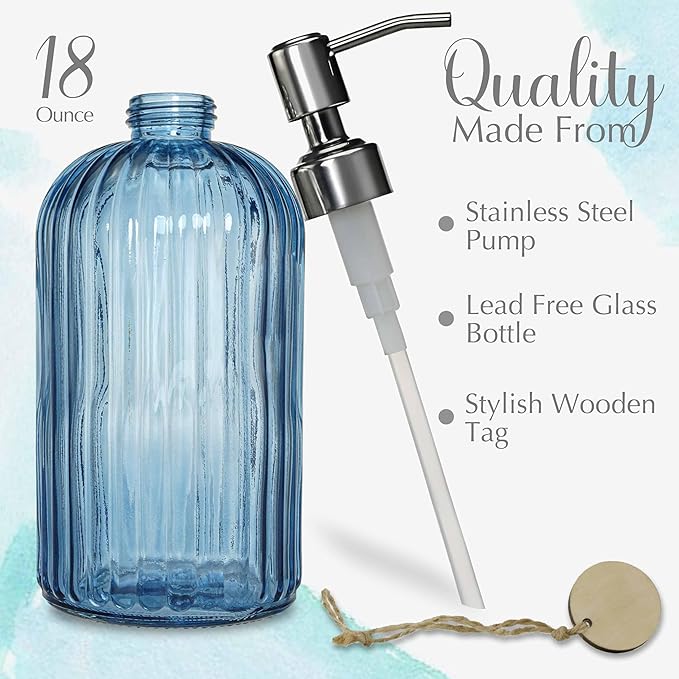 JASAI 18Oz Navy Blue Glass Soap Dispenser for Kitchen & Bathroom, Refillable Kitchen soap Dispenser with Vertical Stripe, Bathroom Soap Dispenser for Dispense Hand soap& Dish Soap. - Image 2