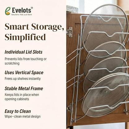 Evelots 6-Tier Pot Lid Organizer for Cabinet Door or Pantry Wall - Pots and Pans Lid Holder Rack - Glass or Metal Pan Covers Cabinet Organizer Kitchen Storage - Chrome Finished