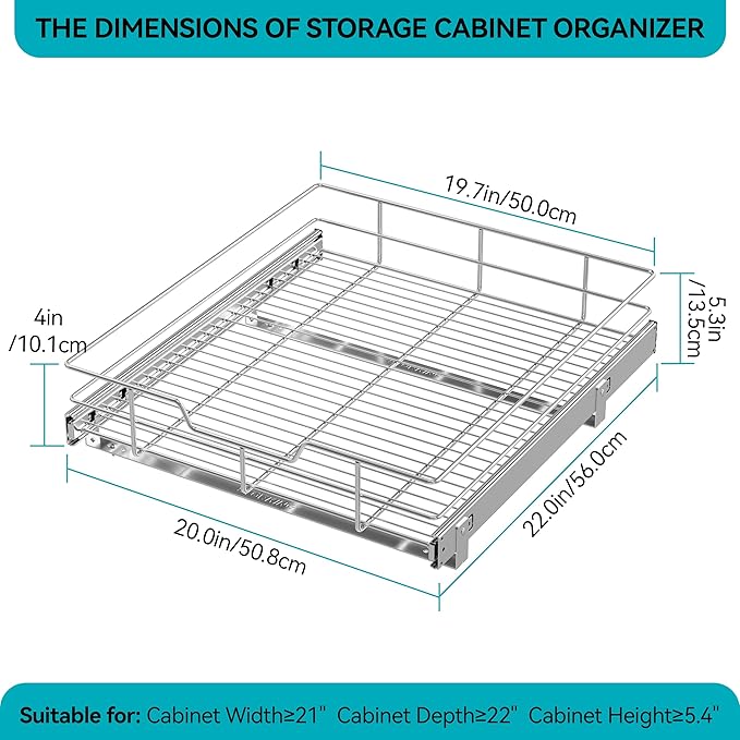 Pull Out Cabinet Organizer 20" W X 22" D, Slide Out Drawers For Kitchen Organizers and Storage, Pull Out Drawers For Cabinets Capacity Heavy Duty Caddy, Cabinet Shelves Chrome-Plated, Bathroom Pantry - Image 2