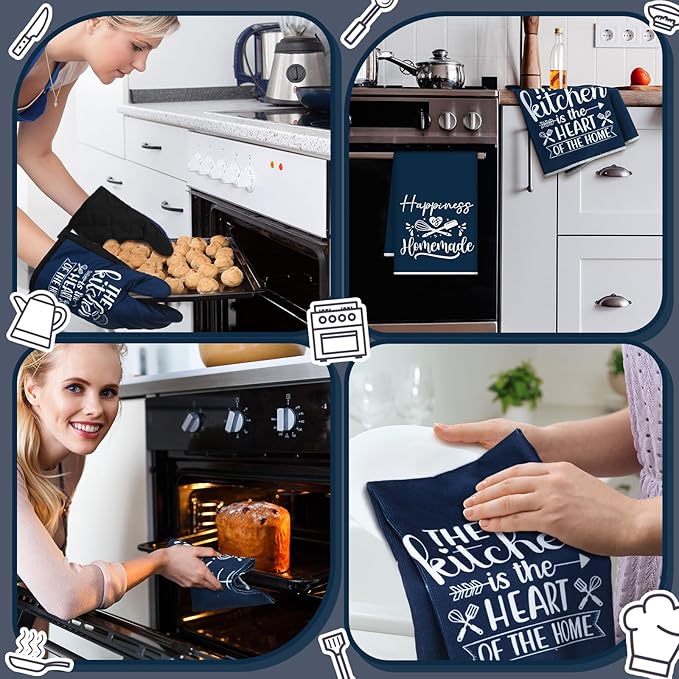 Sratte 6 Pcs Kitchen Decor Accessories Set Farmhouse Towels Pot Holders Oven Mitts Set 2 Dish Towels 2 Potholders 2 Cooking Mittens Oven Glove for Christmas Baking Cooking Supply(Blue,Kitchen) - Image 5