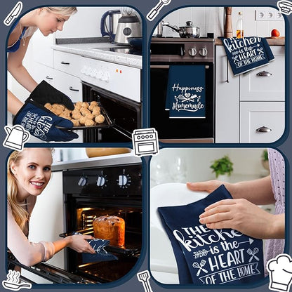 Sratte 6 Pcs Kitchen Decor Accessories Set Farmhouse Towels Pot Holders Oven Mitts Set 2 Dish Towels 2 Potholders 2 Cooking Mittens Oven Glove for Christmas Baking Cooking Supply(Blue,Kitchen) - Image 5