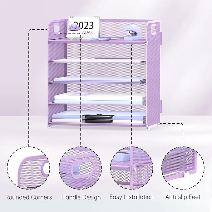 Supeasy 5 Trays Paper Organizer Letter Tray with Handle-Mesh Desk File Holders, Paper Sorter Desk Organizer for Office, Home, Classeoom or School, Purple - Image 3