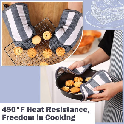 Reallnaive Oven Mitts and Pot Holders 4 Pcs Set for Kitchen, Stripe Cotton Oven Mitten Gloves Hot Pads Heat Resistant 500°f Outdoor Indoor Garden Baking Cooking BBQ Gift Hanging Loop, Beige (Gray) - Image 6