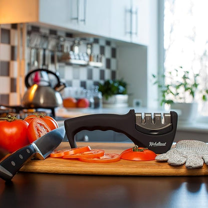 4-in-1 Kitchen Knife Accessories: 3-Stage Knife Sharpener Helps Repair, Restore and Polish Blades and Cut-Resistant Glove - Image 2