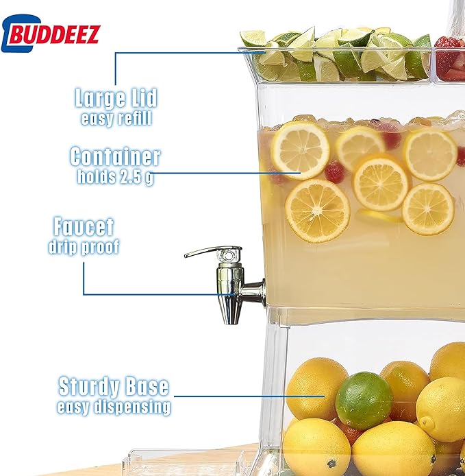 Buddeez Tritan™ Beverage Dispenser with Party Tray Lid - 2.5 Gallon Cold Drink Dispenser for Juice, Iced Tea, Lemonade, Water