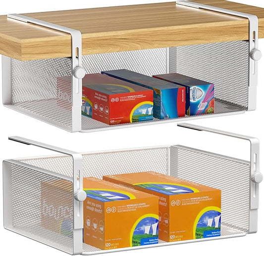 AmonHouseware 2Pack Under Shelf Basket Organizer,Adjustable Hanging Holder for Cabinet Pantry Kitchen Cupboard Desk Counter Bookshelf Organization Add-on Space Saver Heavy Duty Slide-in (White, Large)
