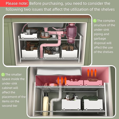 NETEL NETELAdjustable Under Sink Organizers and Storage, 2 Tier Expandable Pull Out Under Sink Organizers and Storage, 4 Pull-Out Metal Baskets, (21.5-31.64)" W X 14.69" D X 15.83" H