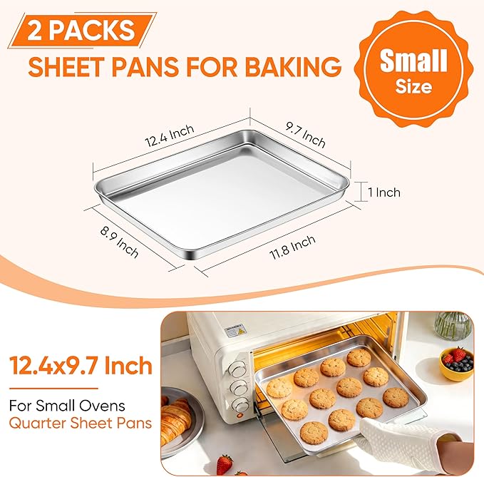 LIANYU Stainless Steel Baking Sheet Pans of 2, 12.4x9.7 Inch Quarter Sheet Pan, Heavy Duty Cookie Sheet for Baking, Bakeware Oven Tray for Food, Non Toxic & Easy Clean, Dishwasher Safe - Image 2