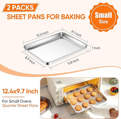 LIANYU Stainless Steel Baking Sheet Pans of 2, 12.4x9.7 Inch Quarter Sheet Pan, Heavy Duty Cookie Sheet for Baking, Bakeware Oven Tray for Food, Non Toxic & Easy Clean, Dishwasher Safe - Image 2