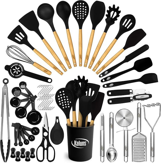Kaluns 50 PCS Silicone Kitchen Utensils Set Complete Kitchen Set - 800°F Heat Resistant Non-Stick Premium Cooking Utensils W Wooden Handles - Can Opener, Masher, Turner, Silicone Spatula Set by Kaluns%C2%AE