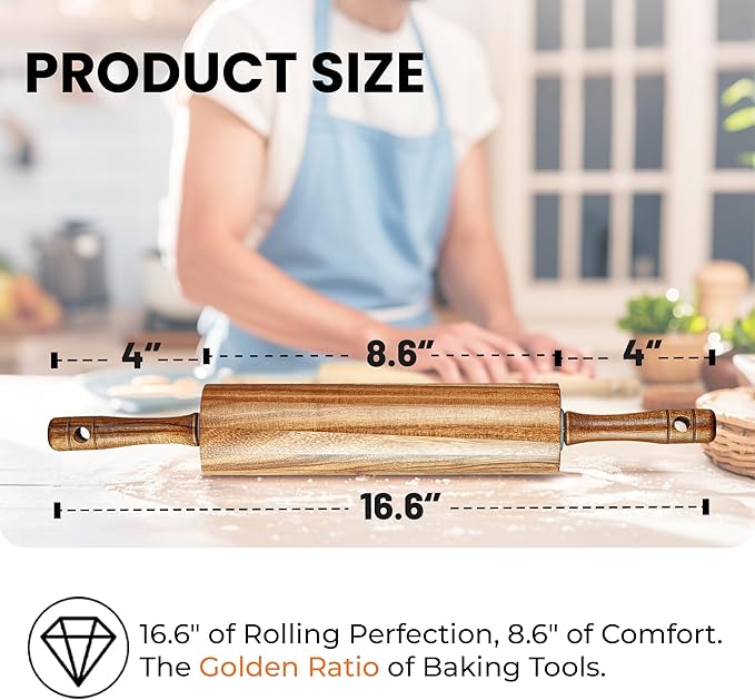 KARRYOUNG Acacia Wood Rolling Pin for Baking, Kitchen Dough Roller With Handles, Rodillo Para Masa, Rolling Pin for Dough, Pizza,Bread, Fondant & Tortilla - Image 2