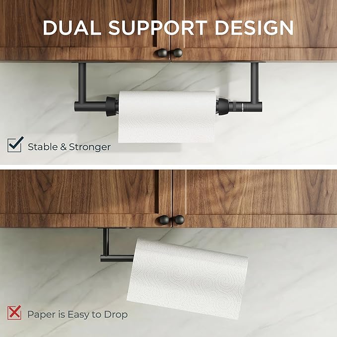 FORIOUS Paper Towel Holder Under Cabinet, Single Hand Operable with Adjustable Damping for Easy Tear, Adhesive or Drill Wall Mount, 304 Commercial Paper Towel Holder for Kitchen Bathroome, Matte Black - Image 4