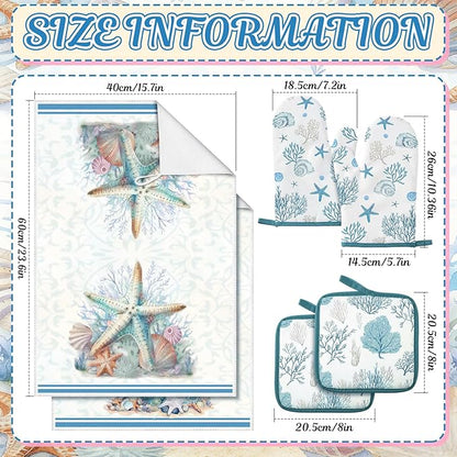Jingmore 6 Pcs Kitchen Decor Set Accessorie Farmhouse Kitchen Towels Pot Holders and Oven Mitts Set 2 Dish Towels 2 Pot Holders 2 Cooking Mitten Oven Glove for Cooking(Blue,Coastal Starfish Shells) - Image 3