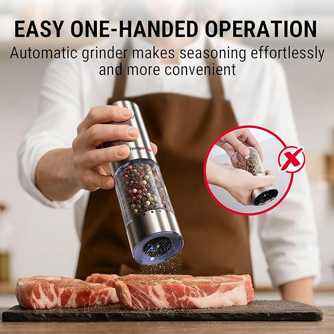 TempPro 100ml Electric Salt and Pepper Grinder Set Rechargeable, Automatic Pepper Grinder Shakers with External Adjustment, Refillable Pepper Mill Set with Cover & LED, 2-Pack(Previously ThermoPro) - Image 2