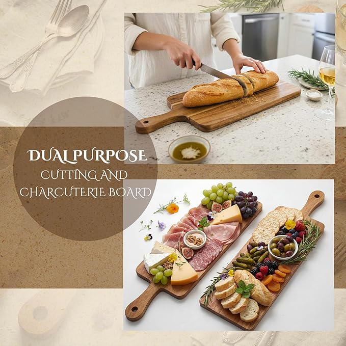 Nuenen 10 Pcs Wood Cutting Board with Handle 16.1 x 4.7 Inch Acacia Bamboo Wooden Serving Kitchen Chopping Boards for Pizza, Bread, Cheese, Charcuterie, Fruit, Vegetables(Narrow Acacia) - Image 3