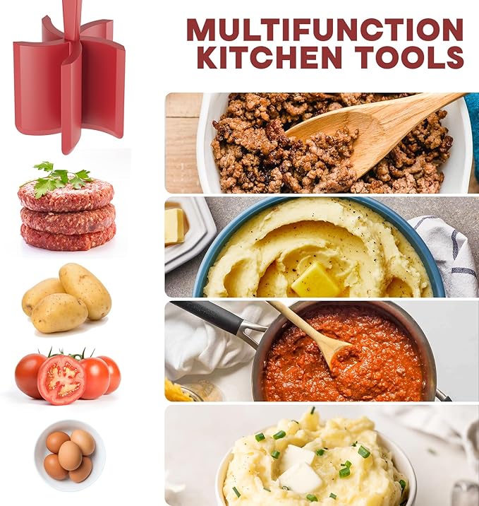 Meat Chopper, Upgrade Hamburger Smasher, Premium Heat Resistant Meat Masher for Ground Beef, Ground Turkey and More, Non Stick Mix Grinder-Red - Image 3