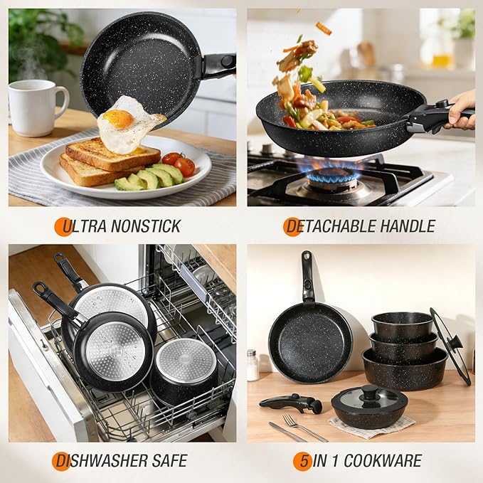 pots and Pans Set, Nonstick Cookware Set Detachable Handle, Induction Kitchen Cookware Sets with Removable Handle, Non Stick RV Cookware Set, Dishwasher ＆ Oven Safe (9 PCS)