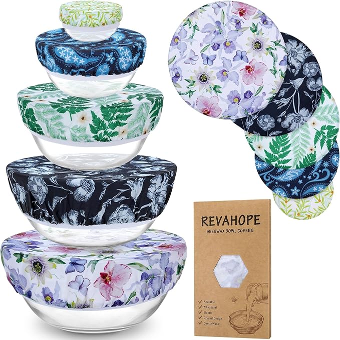 5-Size Reusable Beeswax Bowl Covers for Bread Proofing, Cotton Cloth Flexible Beeswax Wraps for Food Storage(Iris Floral) by Revahope